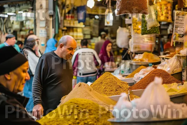 מוכרי השוק הירושלמי מתמקחים בלהט עם המקומיים, ממדינת ישראל. מזון, מוכר, צהוב