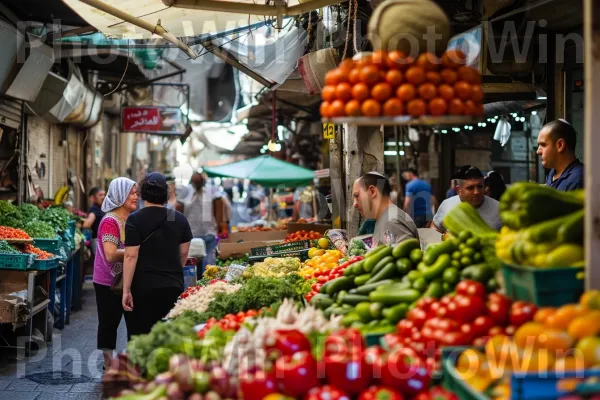 שוק תוסס שוקק תוצרת טרייה ושיחות ערות ממדינת ישראל. הַלבָּשָׁה, מוכר, מזונות טבעיים