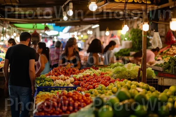 שוק תוסס שוקק תוצרת טרייה ושיחות ערות ממדינת ישראל. מזונות טבעיים, יַרקָן, צמח