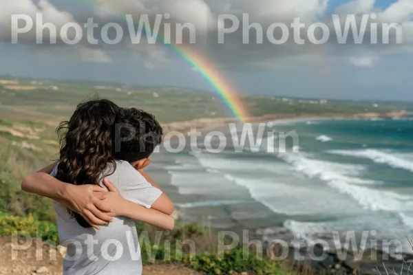 אחים מתחבקים בחוזקה כשהם מתאחדים לאחר שנים של חיים בנפרד, ממדינת ישראל. קשת בענן, מים, אנשים בטבע