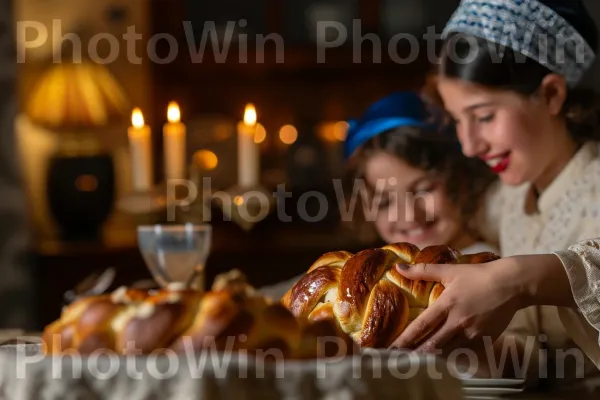 אם ובת אופות לחם חלה לשבת ממדינת ישראל. נר, מתכון, חיוך