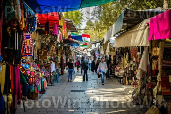 רחוב שוקק שלאורכו דוכנים צבעוניים, המציע עבודות יד וכל טוב ממדינת ישראל. תַשׁתִית, בית המקדש, כְּבִישׁ