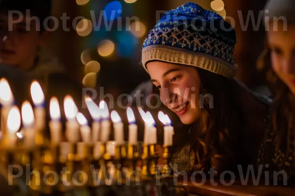 צעירה מדליקה נרות חנוכה עם משפחתה ממדינת ישראל. קהילה, חיוך, הִסתַגְלוּת