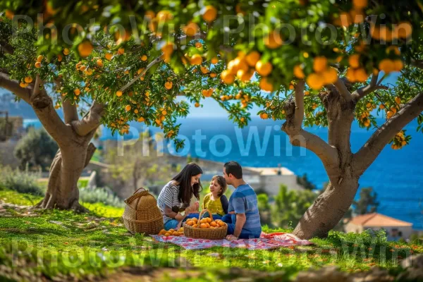 משפחה נהנית מפיקניק מתחת לעצי תפוז פורחים ביפו ממדינת ישראל. שָׁמַיִם, אוֹר, אנשים בטבע