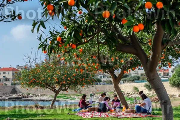 משפחה נהנית מפיקניק מתחת לעצי תפוז פורחים ביפו ממדינת ישראל. רנגפור, ירוק, בּוֹטָנִיקָה