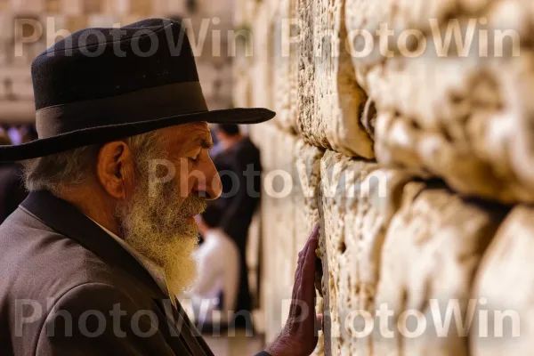 קשיש מתפלל בכותל, אתר יהודי קדוש ממדינת ישראל. כובע, פדורה, נוֹף