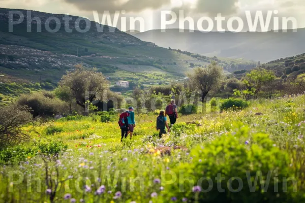 קבוצת מטיילים חוקרת בשבילים המופלאים של אזור הגליל, ממדינת ישראל. ענן, שָׁמַיִם, הַר