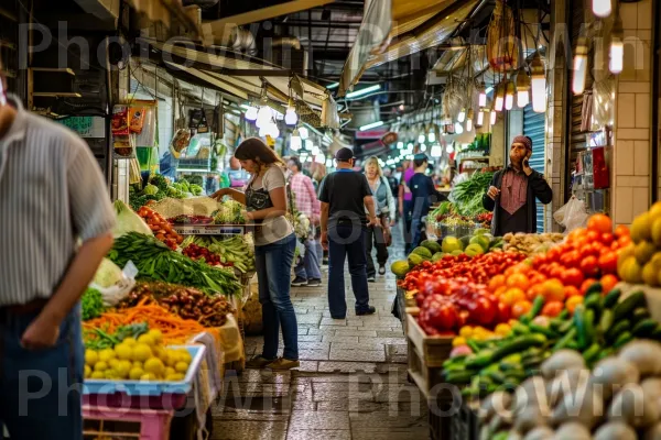 שוק ירושלמי שוקק חיים, מלא בצבעים וניחוחות מרהיבים ממדינת ישראל. הַלבָּשָׁה, מזונות טבעיים, מזון מלא