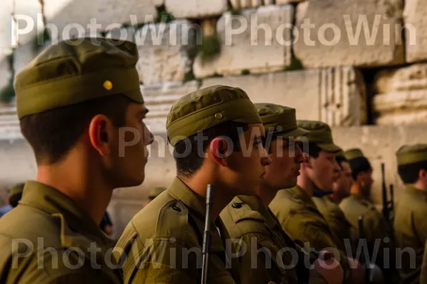 חיילים מתכנסים להתפלל בכותל, ממדינת ישראל. הסוואה צבאית, כובע, נֶחָתִים