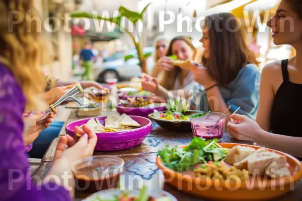 חברים צוחקים ונהנים מארוחת פלאפל טעימה, מרכיב עיקרי במטבח הישראלי, ממדינת ישראל. כלי שולחן, ירוק, צַלַחַת