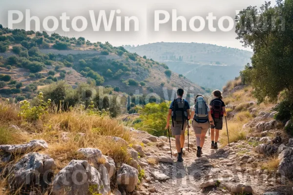 קבוצת מטיילים החוקרים את נופי ישראל המגוונים, ממדינת ישראל. שָׁמַיִם, הַר, עֵץ