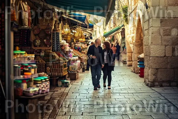 זוג צועד יד ביד ברחובות העתיקים של העיר העתיקה בירושלים, ממדינת ישראל. תַשׁתִית, מוכר, צרכן