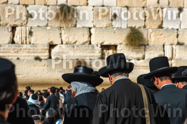 יהודים אורתודוקסים מתפללים בכותל המערבי בירושלים, ממדינת ישראל. תַצלוּם, כובע, קָהָל