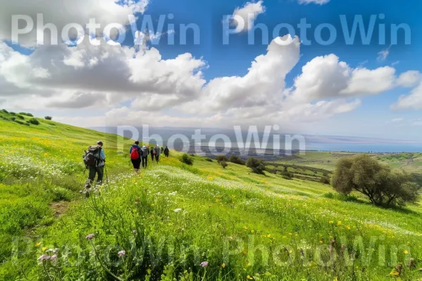 קבוצת מטיילים החוקרים את היופי של אזור הגליל ממדינת ישראל. שָׁמַיִם, פֶּרַח, אנשים בטבע