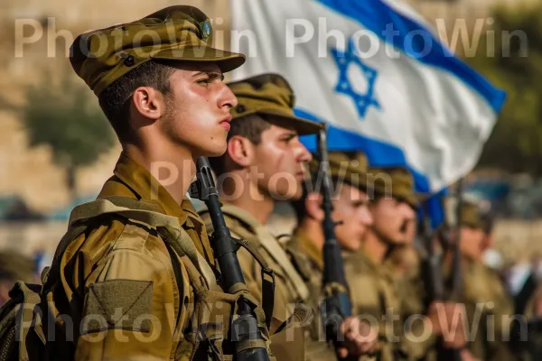 קבוצת חיילים ישראלים עומדים מאוחדים, מוכנים להגן על מולדתם מפני מדינת ישראל. לְהַסווֹת, כובע, איש צבא