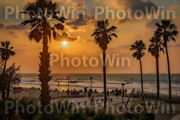 שקיעה מעל חוף תל אביב, המקומיים נהנים מבריזת האוקיינוס ממדינת ישראל. צמח, עֵץ, זוהר לאחר