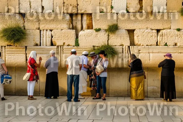 קבוצה מתפללת יחד בכותל המערבי בירושלים, ממדינת ישראל. שְׁעוֹת הַיוֹם, בית המקדש, עוֹמֵד