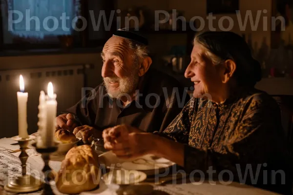 זוג מבוגרים חולקים סעודת שבת מכל הלב, ממדינת ישראל. נר, צַלַחַת, מסגרת תמונה