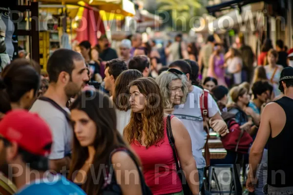 פסטיבל רחוב תוסס בתל אביב, המציג אמנות, מוזיקה וקולינריה ישראלית, ממדינת ישראל. תַשׁתִית, כובע, כתום