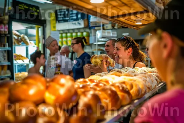 פרצופים מחייכים במאפייה מקומית, מתענגים על לחם חלה טרי, ממדינת ישראל. כובע, בִּניָן, מזון מלא