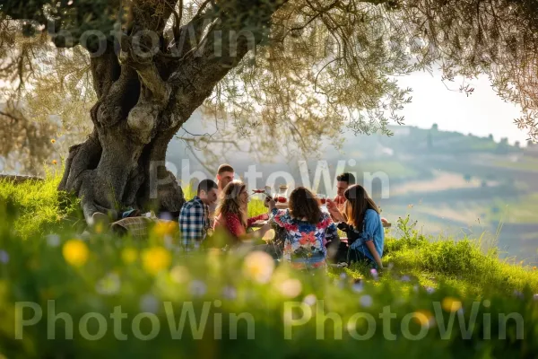 חברים מתכנסים לפיקניק בצל עץ זית באזור הגליל, ממדינת ישראל. עֵץ, שַׂמֵחַ, ענן