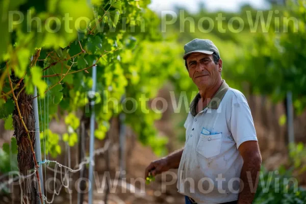 חקלאי מטפל בכרם שלו, המסמל את עוצמתה החקלאית של ישראל ממדינת ישראל. צמח, אנשים בטבע, כובע