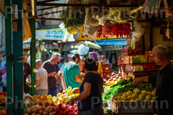 שוק שוקק חיים, המקומיים מתמקחים על תוצרת טרייה ממדינת ישראל. מזון, צמח, מזונות טבעיים