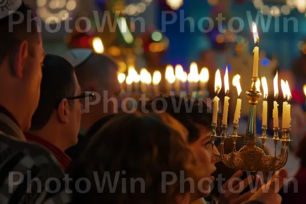 הדלקת המנורה החגיגית בחג החנוכה, מסמלת תקווה ואחדות, ממדינת ישראל. תְאוּרָה, מחווה, כֵּיף