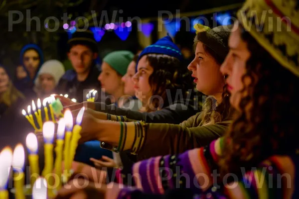 הדלקת המנורה החגיגית בחג החנוכה, מסמלת תקווה ואחדות, ממדינת ישראל. כובע, כֵּיף, פְּנַאִי