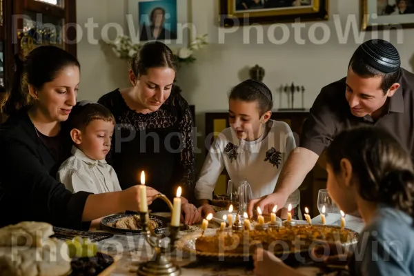 משפחה מדליקה את נרות השבת, מסורת יהודית יפה, ממדינת ישראל. נר, שולחן, שיתוף