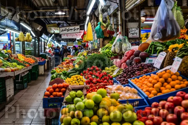 שוק ישראלי שוקק מלא בתוצרת ותבלינים תוססים, ממדינת ישראל. מזון, רנגפור, שׁוּק