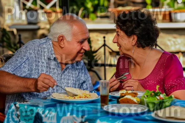 זוג מבוגרים חולקים ארוחת פלאפל וחומוס בבית קפה תל אביבי נעים, ממדינת ישראל. מזון, כְּחוֹל, כִּסֵא