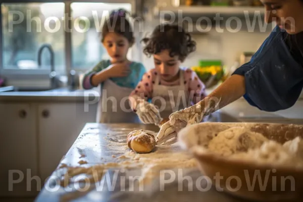 אמהות מלמדות את ילדיהן אומנות אפיית חלות, ממדינת ישראל. מִטְבָּח, כלי שולחן, משטח עבודה