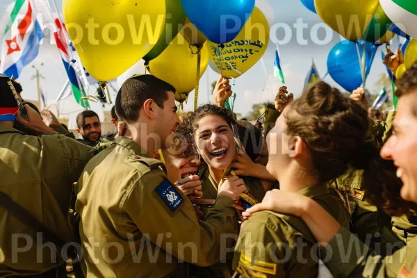 קבוצת חיילים חוגגת את סיום השירות הצבאי, ממדינת ישראל. חוּלצָה, חוגג, בַּלוֹן