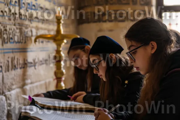 קבוצת תלמידים הלומדים בלהט טקסטים יהודיים עתיקים, ממדינת ישראל. משקפיים, ציוד משרדי, ז\'קֵט