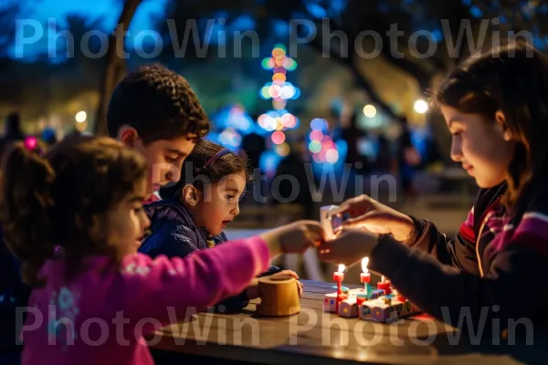 ילדים משחקים בשמחה דריידל בחגיגות חנוכה בפארק מקומי, ממדינת ישראל. נר, תְאוּרָה, שיתוף