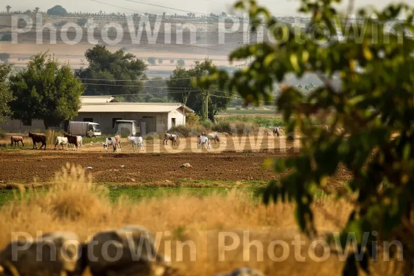 סצנה קיבוצית שלווה, תושבים עובדים בהרמוניה ברוח קהילתית ממדינת ישראל. צמח, בִּניָן, עֵץ