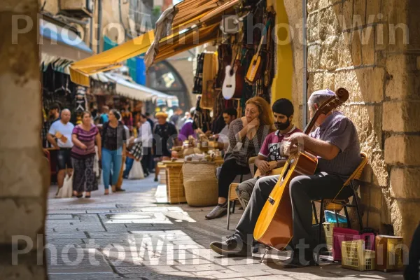 נגני רחוב מנגנים ניגונים מלאי נשמה בסמטאות התוסס של עכו, קוסמים לעוברים ושבים, ממדינת ישראל. תַשׁתִית, מוּסִיקָאִי, מזוודות ותיקים