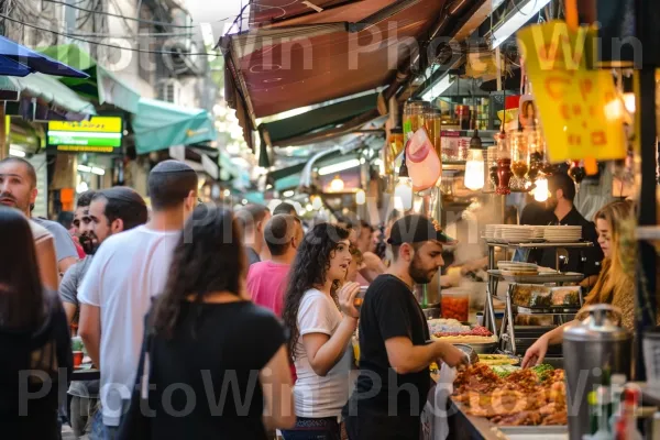 רחוב שוקק מלא באנשים מגוונים הנהנים מהמטבח הישראלי ממדינת ישראל. תַשׁתִית, צרכן, קניות