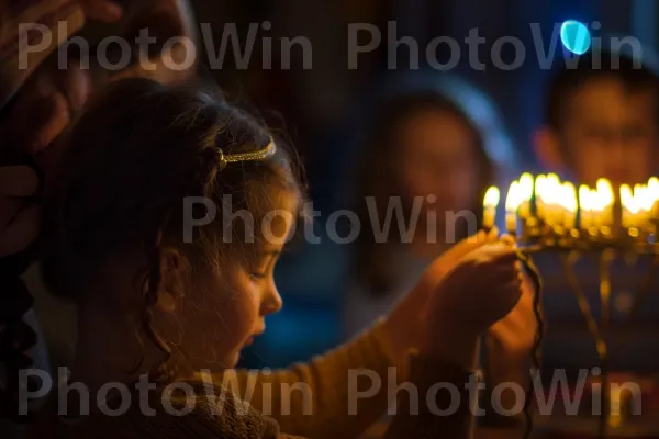 נערה צעירה קולעת בקפידה את שערה לפני הדלקת חנוכיית חנוכה, ממדינת ישראל. נר, צילום פלאש, הִסתַגְלוּת