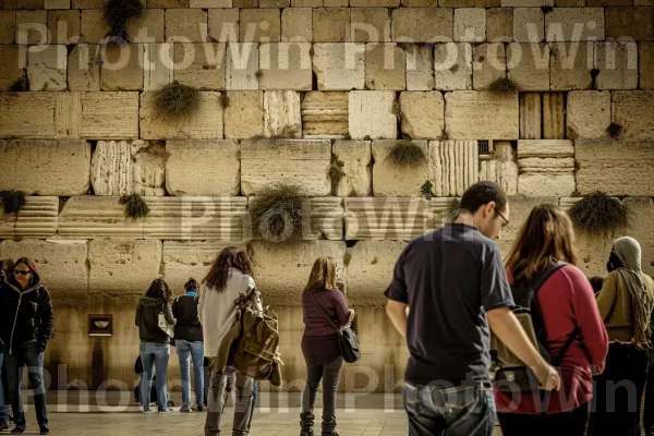 קבוצת תיירים שבויה באווירה המיסטית של הכותל ממדינת ישראל. גִ\'ינס, בגדים עליונים, ארכיטקטורה