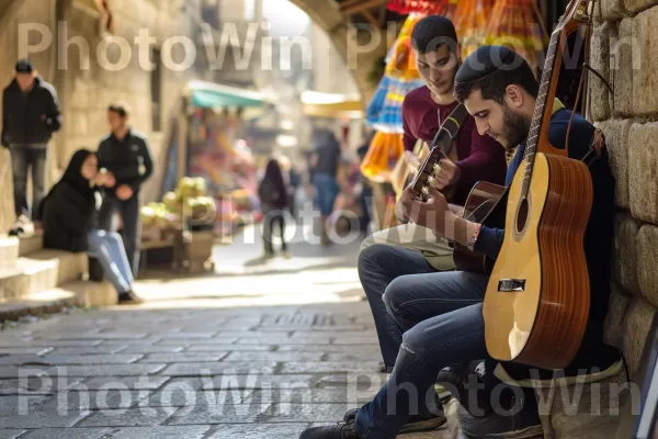 נגני רחוב מנגנים ניגונים מלאי נשמה בסמטאות התוסס של עכו, קוסמים לעוברים ושבים, ממדינת ישראל. גִ\'ינס, פְּנַאִי, טיול