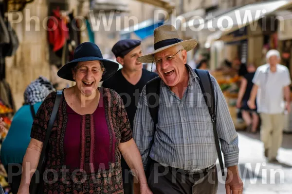 חברים מחייכים נהנים מטיול שבת מסורתי ברחובות ירושלים, ממדינת ישראל. כובע, בית המקדש, משקפיים