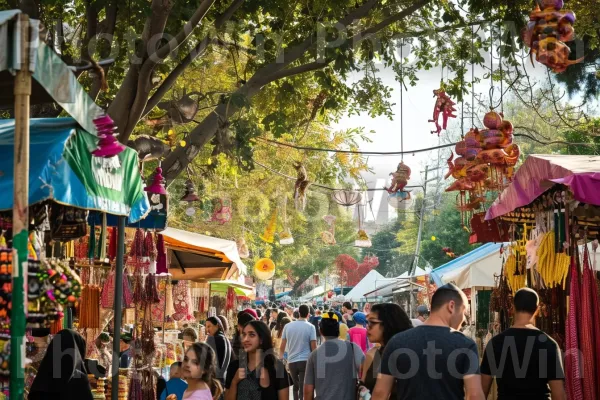 יריד רחוב תוסס חוגג סוכות, עם דוכנים מעוצבים להפליא ממדינת ישראל. אוֹר, בית המקדש, שָׁמַיִם