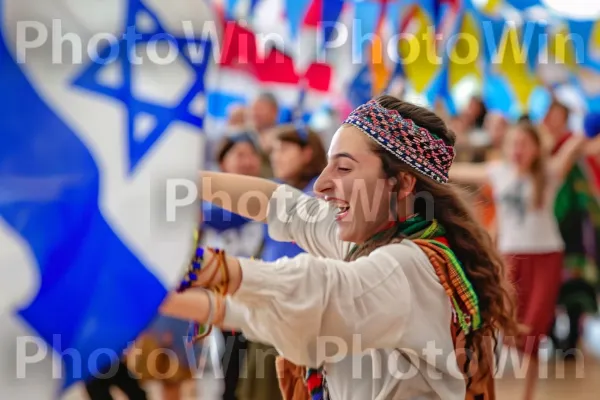 חברים ובני משפחה רוקדים בשמחה באירוע ריקודי עם ישראלי תוסס ממדינת ישראל. אמנויות במה, אוהד, כֵּיף