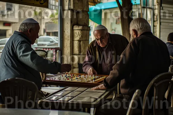 גברים מתכנסים למשחק שש בש אינטנסיבי בבית קפה מקומי ממדינת ישראל. שולחן, שיתוף, כִּסֵא