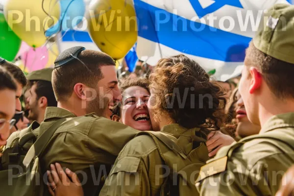 קבוצת חיילים חוגגת את סיום השירות הצבאי, ממדינת ישראל. בגדים עליונים, מחווה, אינטראקציה