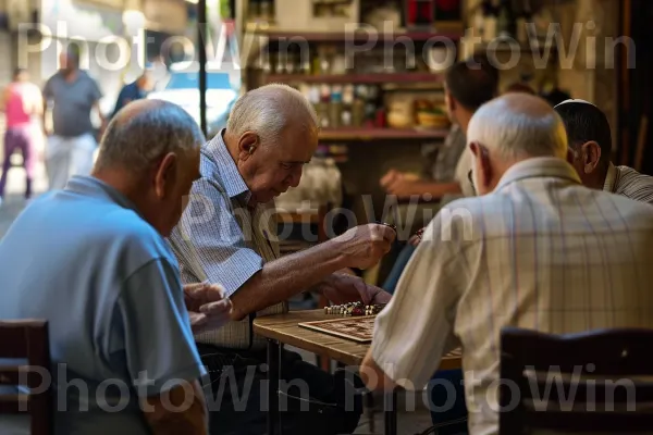 גברים קשישים עסקו במשחק שש בש תוסס בבית קפה מקומי, ממדינת ישראל. כִּסֵא, צרכן, קבוצה חברתית