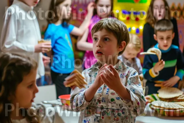 ילדים מחפשים בדאגה מצה נסתרת בפסח, מסורת מרגשת, ממדינת ישראל. כלי שולחן, שיתוף, צהוב