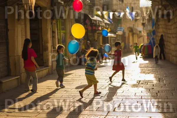 ילדים משחקים בשמחה ברחובות ירושלים, ממדינת ישראל. עוֹמֵד, שַׂמֵחַ, פְּנַאִי